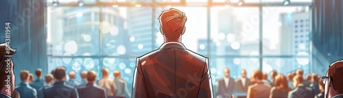 Press briefing by a blockchain company CEO, serious tone, corporate background, sketch style