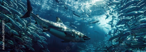 Le requin en train de chasser dans un banc de sardine en plein oc?(C)an