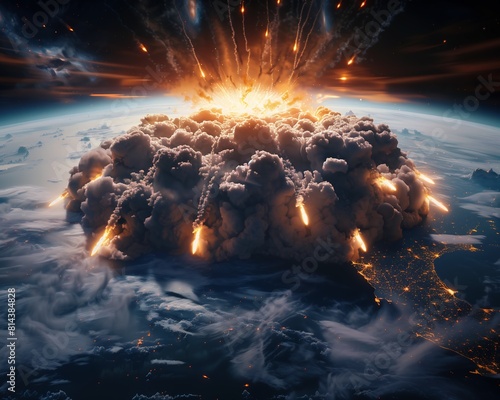 large explosion smoke fire sky promotional moon crashing earth panoramic sinkholes formation high asteroids damage news feed blast