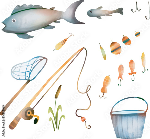 Fishing Tools set of items in watercolor style. Cute fishery baits, fish vector art, fishing rod watercolor style. Fishing tools cute vector illustration