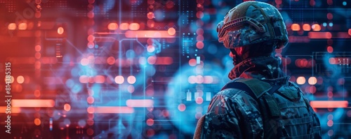 Soldier training in a quantum computing lab, front view, enhancing computational skills, digital tone, Triadic Color Scheme