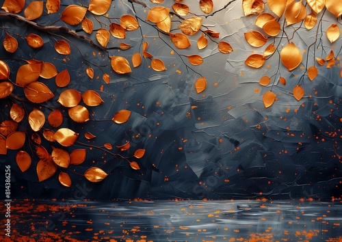 tree orange leaves yellowish deep covered fallen coherent gold silver shapes rippling liquid bubbly scenery thin strokes