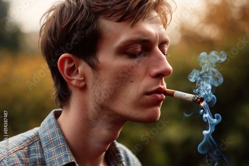 Unhealthy, skinny, pale man smoking, showing health dangers of cigarettes