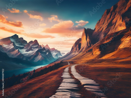 sunset in the mountains. landscape, sky, sunset, snow, nature, clouds, travel, sunrise, winter, view, peak, rock,Ai generated 