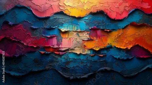 closeup mountain range liquid shadows engulf layered paper vibrant sunset light reflecting off paint early fructose magazine ocean swells chiseled formations ridgeway abstract