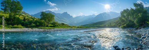Mountain river on a sunny morning, Beautiful nature in the mountains, Azerbaijan Caucasus nature realistic nature and landscape