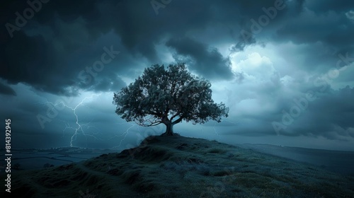 Stormy clouds over a lone tree with dramatic lightning