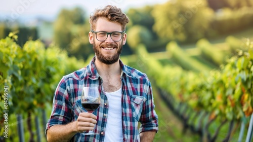 male winemaker in a vineyard, smiling with a glass of wine, vineyard rows behind