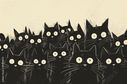 black cats lined together favorite horrified expression still horror entertainment wide eyes shocked posing disguise among humans swarm