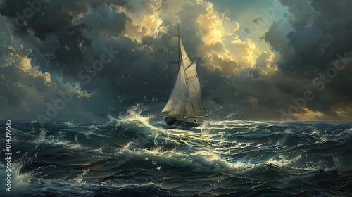 There is a sailboat in the middle of a stormy sea. The sky is dark and cloudy, with a few rays of sunlight breaking through the clouds. The waves are rough and choppy, and the boat is being tossed aro
