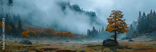 Mountain scenery in the Transylvanian Alps in autumn, with mist clouds realistic nature and landscape