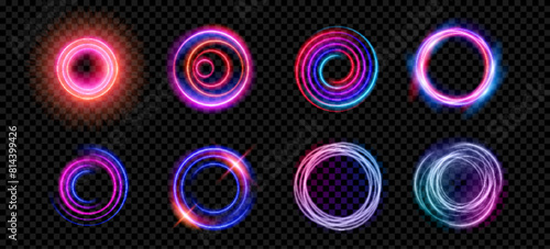 Neon light circle halo with overlay effect on transparent background. Realistic 3d vector illustration set of glow ring and vortex. abstract circular bright flare with sparkle. Luminous radial portal.