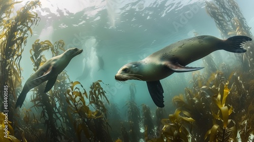 Equirectangular photo taken underwater of sea lions swimming under the water in kelp beds