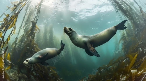 Equirectangular photo taken underwater of sea lions swimming under the water in kelp beds