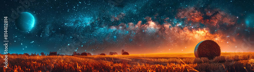 A beautiful landscape of a field of wheat under a starry night sky. The Milky Way is clearly visible, and there is a large moon in the sky. A haystack sits in the foreground.