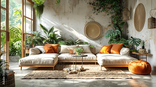 High-definition image of a Bohemian chic living room focusing on a rattan furniture set and a variety of textured fabrics, portrayed hyperrealistically with an emphasis on organic.