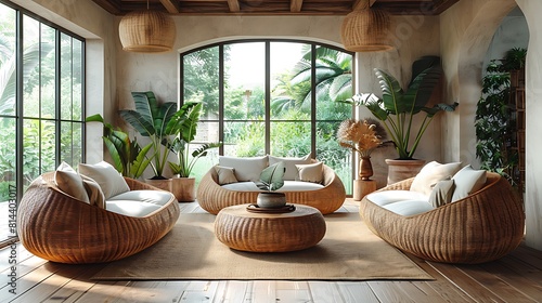 High-definition image of a Bohemian chic living room focusing on a rattan furniture set and a variety of textured fabrics, portrayed hyperrealistically with an emphasis on organic.