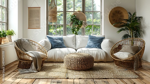 High-definition image of a coastal chic living room focusing on layered textures like rattan chairs and woolen throws, portrayed hyperrealistically with an emphasis on comfort .
