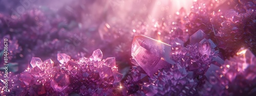 A bed of amethyst crystals sparkling with a soft purple glow, illuminated by a ray of sunlight filtering through leaves.