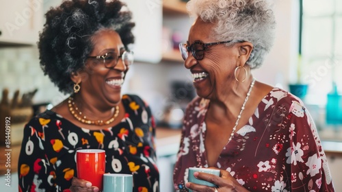 Senior African American woman and senior biracial woman share a joyful moment with coffee at home