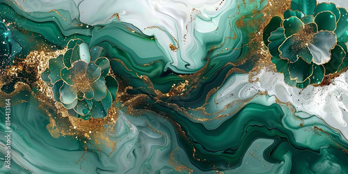 flower marble texture with abstract green, white, glitter and gold background alcohol ink colors 