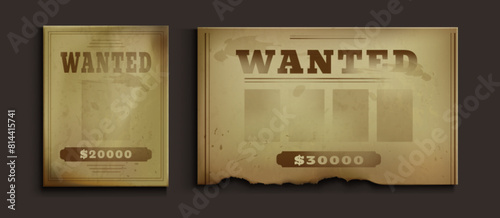 Old western wanted paper poster for reward vector template. Criminal cowboy frame for saloon from sheriff. Grunge distressed parchment with blank photo for bounty notice and search gangster mockup