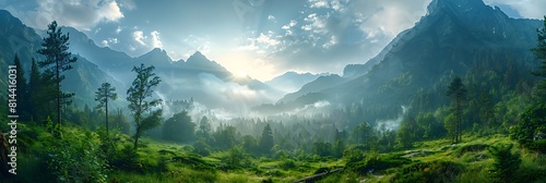 mountain valley at the early morning realistic nature and landscape