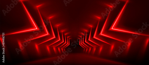 Abstract red neon arrow light glow background. Futuristic cyber laser line motion banner for casino. Dynamic techno perspective beam 3d graphic design. Cool party power and energy boost led tunnel