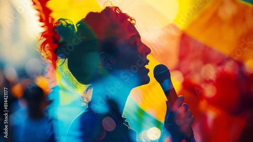 Dynamic double exposure photograph of a LGBTQ activist speaking passionately, with a backdrop of a crowd at a pride event, symbolizing voice and visibility