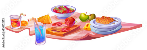 Spring picnic food on blanket for park lunch scene. Cute outdoor mat with wine, fruit and snack for travel dinner. Tablecloth for outing party celebration with tomato, apple and cocktail clipart