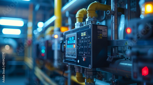 Commercial gas meters and natural gas pipes Digital flow meter accuracy liquid oil water measuring and indicator flow rate and control in industrial work copy space, Generative Ai 