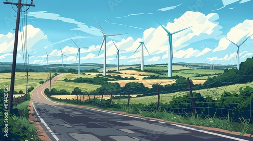 A serene rural road winding towards wind turbines under a wide blue sky