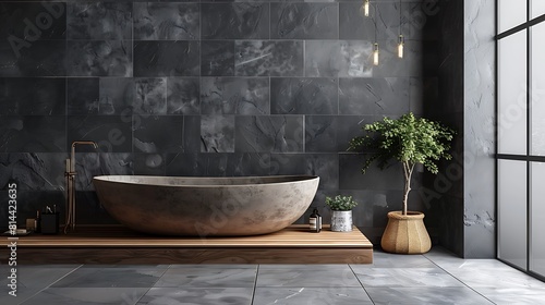 Luxurious dark bathroom with natural stone tiles and wood modern scandinavian bathroom concept