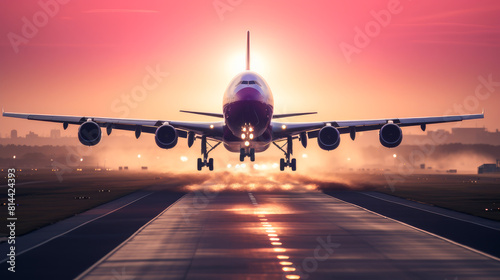 A passenger plane flying in the colorful sky. Aircraft takes off from the airport runway during the sunset.