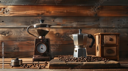 Moka pot and coffee grinder on wood