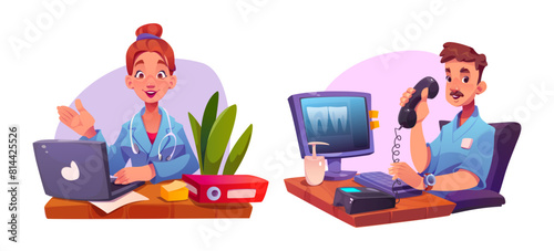 Doctor computer desk in hospital office vector illustration. Medical communication with laptop for female physician or nurse with stethoscope. Online dental appointment with happy therapist icon