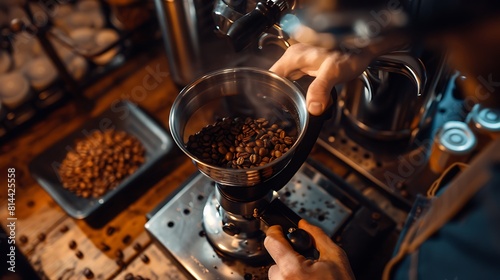 Professional specialist grinding coffee beans with coffee grinder on a wooden table