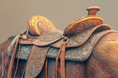 A brown saddle with a gold buckle on the top