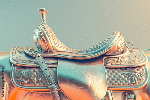 A colorful saddle with a gold buckle on the top