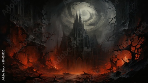 Abstract surreal beautiful gothic black castle in the hells fire in nowhere.