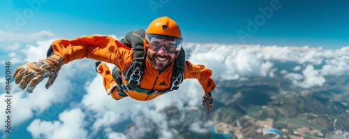 A happy man enjoys skydiving on a sunny day, his expression filled with exhilaration as he descends through the blue sky. The image is generated with the use of an AI.