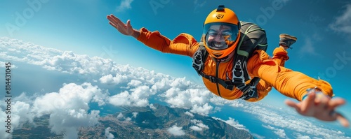 A happy man enjoys skydiving on a sunny day, his expression filled with exhilaration as he descends through the blue sky. The image is generated with the use of an AI.