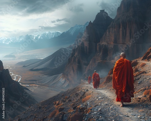 Solitary Monks Trekking Through Majestic Mountain Monastery Amid Natural Serenity and Spiritual Contemplation