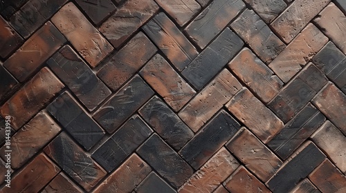 Detailed view from above of a herringbone brick floor, perfect for sophisticated urban designs,