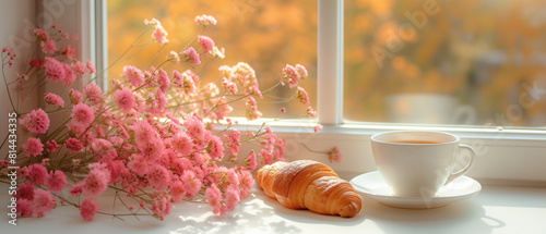 Cup with coffee and croissant next to pink flowers on a windowsill in autumn.