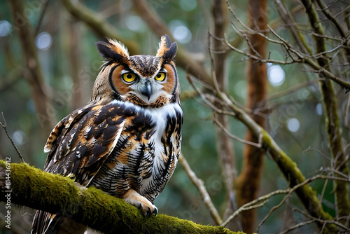 A great horned owl resting on a branch