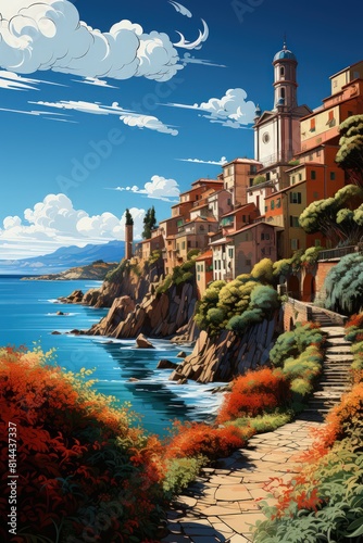 Illustration of serene coastal village