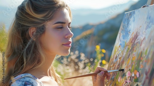 A woman with flowing hair and a happy facial expression is painting on an easel in a field, her mouth curved into a smile, eyelashes fluttering. The scene radiates fun and art at an outdoor event