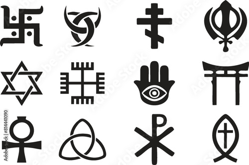 Religion icons set. Set of religion symbols and black icons for buddhism, christianity, judaism, hinduism, islam. Editable vector, eps 10. 