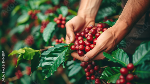 Harvesting coffee on a coffee farm.